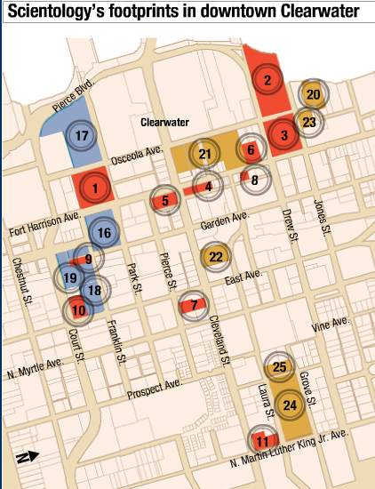 scientology_stpetetimes2004 (1) Red properties were actual structures in 2004; (2) Blue properties were planned or under construction; (3) Gold were properties that were owned but as of yet undeveloped in 2004.