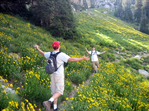 Tom and Mark frolicking in the widlflowers