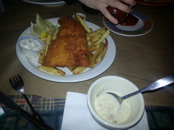 New England dinner - fish and chips and clam chowder