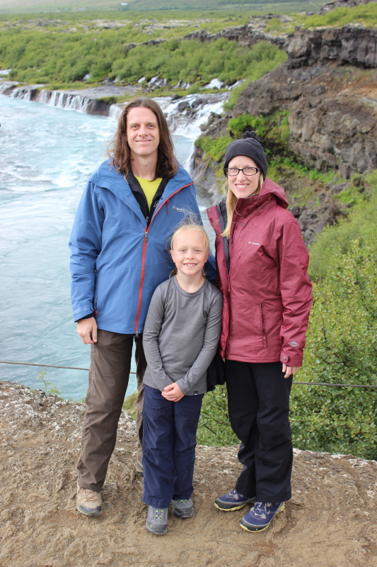 Ryan, Toren, and Debi in front of Hraunfossar