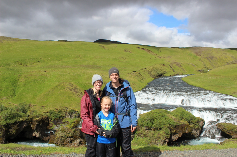 Debi, Toren, and Ryan above Skogafoss at another small waterfall
