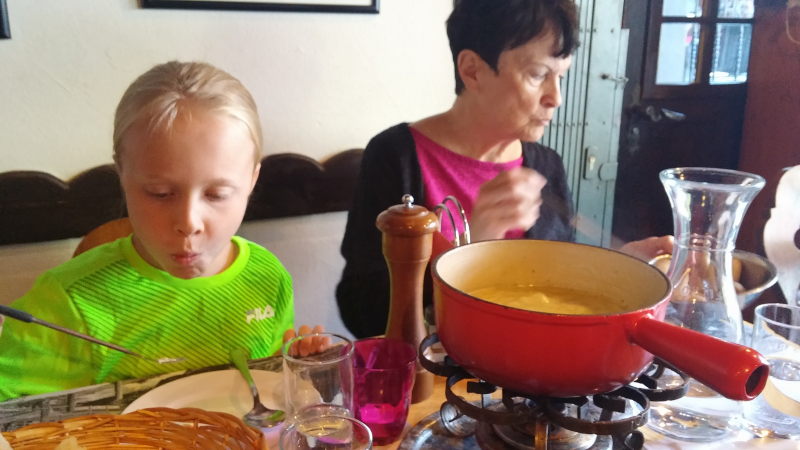 Toren and Rosemary enjoying Swiss fondue in Zermatt.