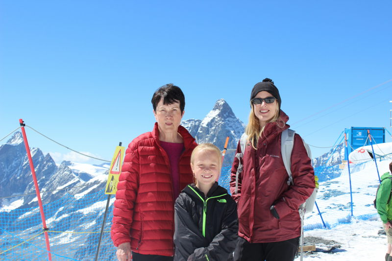 Rosemary, Toren, and Debi on the glacier with the Matterhorn in the background.