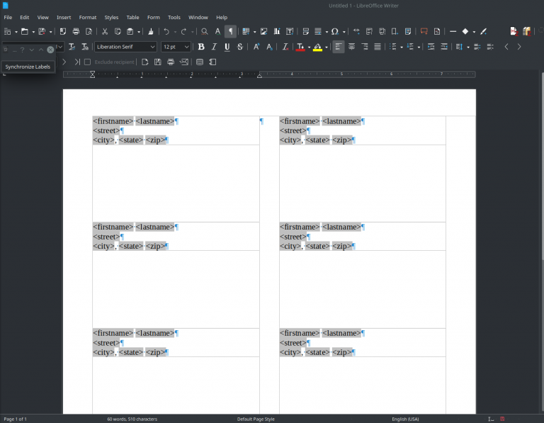 LibreOffice address label merge (from spreadsheet) Ryan and Debi