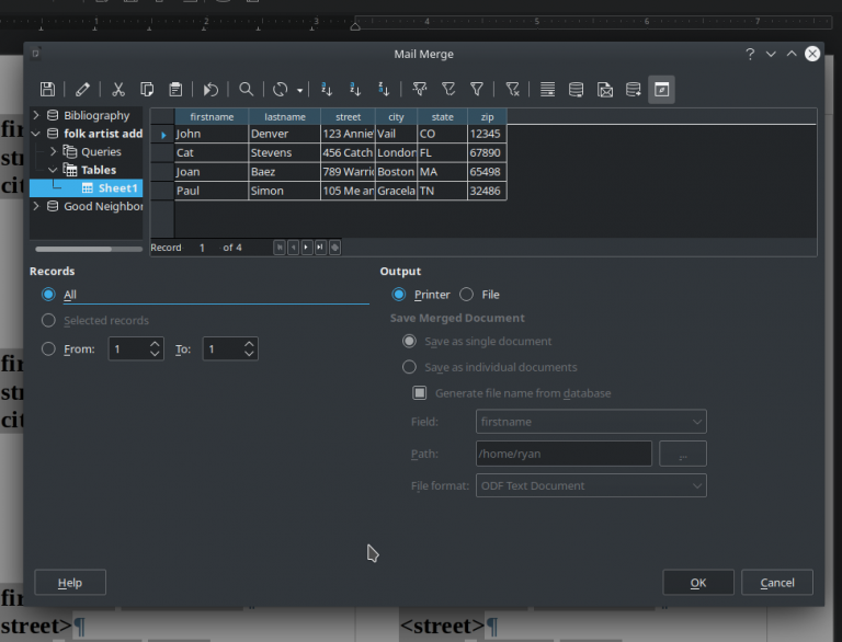 LibreOffice address label merge (from spreadsheet) Ryan and Debi & Toren